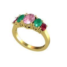 Oval 5 Taşlı Yüzük - Pembe kuvars, kök zümrüt ve rodolit garnet 18 ayar altın yüzük #18cxh2n