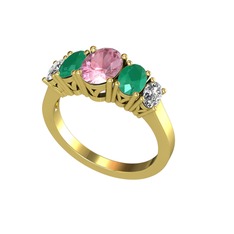 Pembe kuvars, kök zümrüt ve swarovski 14 ayar altın yüzük