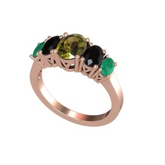 Oval 5 Taşlı Yüzük - Peridot, siyah zirkon ve kök zümrüt 14 ayar rose altın yüzük #18gfk4z