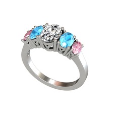 Oval 5 Taşlı Yüzük - Swarovski, akuamarin ve pembe kuvars 14 ayar beyaz altın yüzük #18qjjd7