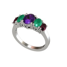 Oval 5 Taşlı Yüzük - Ametist, kök zümrüt ve kök yakut 8 ayar beyaz altın yüzük #1910qzp