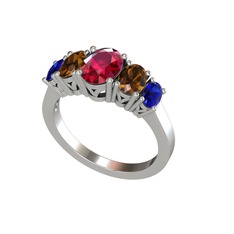 Oval 5 Taşlı Yüzük - Rodolit garnet, dumanlı kuvars ve lab safir 14 ayar beyaz altın yüzük #19synbs