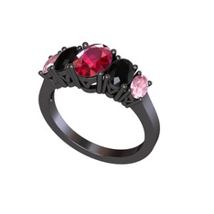 Oval 5 Taşlı Yüzük - Rodolit garnet, siyah zirkon ve pembe kuvars 925 ayar siyah rodyum kaplama gümüş yüzük #19y7ob2