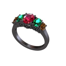 Oval 5 Taşlı Yüzük - Rodolit garnet, yeşil kuvars ve dumanlı kuvars 925 ayar siyah rodyum kaplama gümüş yüzük #19zhmkd