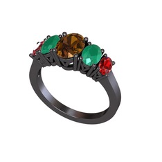 Oval 5 Taşlı Yüzük - Dumanlı kuvars, kök zümrüt ve garnet 925 ayar siyah rodyum kaplama gümüş yüzük #1ail478