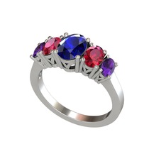 Oval 5 Taşlı Yüzük - Lab safir, rodolit garnet ve ametist 18 ayar beyaz altın yüzük #1aipkw1