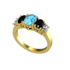Oval 5 Taşlı Yüzük - Akuamarin, siyah zirkon ve swarovski 14 ayar altın yüzük #1ayjeqk
