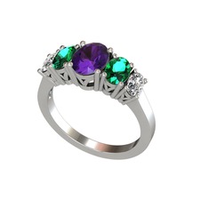 Oval 5 Taşlı Yüzük - Ametist, yeşil kuvars ve swarovski 18 ayar beyaz altın yüzük #1b2xoga