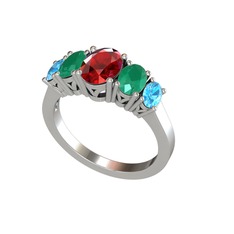 Oval 5 Taşlı Yüzük - Garnet, kök zümrüt ve akuamarin 925 ayar gümüş yüzük #1bo95x4