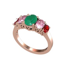 Kök zümrüt, pembe kuvars ve garnet 18 ayar rose altın yüzük