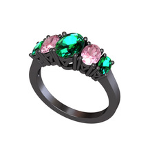 Oval 5 Taşlı Yüzük - Yeşil kuvars ve pembe kuvars 925 ayar siyah rodyum kaplama gümüş yüzük #1cpsk4v