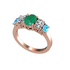 Kök zümrüt, swarovski ve akuamarin 14 ayar rose altın yüzük