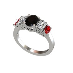 Oval 5 Taşlı Yüzük - Siyah zirkon, swarovski ve garnet 8 ayar beyaz altın yüzük #1ddpeyw