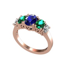 Oval 5 Taşlı Yüzük - Lab safir, yeşil kuvars ve swarovski 14 ayar rose altın yüzük #1dharuq