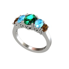 Oval 5 Taşlı Yüzük - Yeşil kuvars, akuamarin ve dumanlı kuvars 18 ayar beyaz altın yüzük #1doznhq