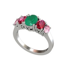 Kök zümrüt, rodolit garnet ve pembe kuvars 18 ayar beyaz altın yüzük