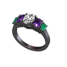 Oval 5 Taşlı Yüzük - Beyaz zirkon, ametist ve kök zümrüt 925 ayar siyah rodyum kaplama gümüş yüzük #1ekdmj6
