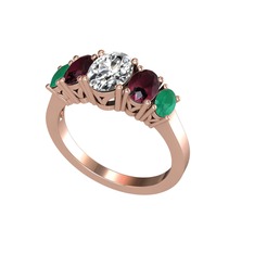 Oval 5 Taşlı Yüzük - Swarovski, kök yakut ve kök zümrüt 14 ayar rose altın yüzük #1exlsre