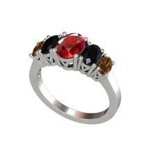 Oval 5 Taşlı Yüzük - Garnet, siyah zirkon ve dumanlı kuvars 18 ayar beyaz altın yüzük #1f28r4w