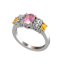 Pembe kuvars, swarovski ve sitrin 14 ayar beyaz altın yüzük