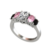 Oval 5 Taşlı Yüzük - Beyaz zirkon, pembe kuvars ve siyah zirkon 14 ayar beyaz altın yüzük #1fz6kps