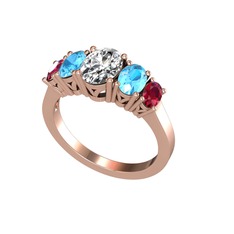 Oval 5 Taşlı Yüzük - Beyaz zirkon, akuamarin ve rodolit garnet 8 ayar rose altın yüzük #1g9ld9o