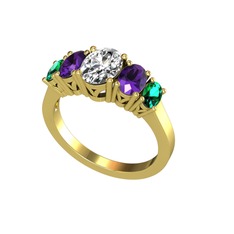 Oval 5 Taşlı Yüzük - Swarovski, ametist ve yeşil kuvars 14 ayar altın yüzük #1g9tcp