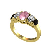 Oval 5 Taşlı Yüzük - Pembe kuvars, swarovski ve siyah zirkon 18 ayar altın yüzük #1gg1iyw