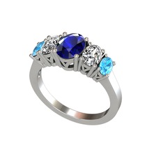 Oval 5 Taşlı Yüzük - Lab safir, swarovski ve akuamarin 14 ayar beyaz altın yüzük #1gqi77s