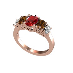 Garnet, dumanlı kuvars ve beyaz zirkon 14 ayar rose altın yüzük