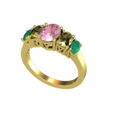 Pembe kuvars, peridot ve kök zümrüt 18 ayar altın yüzük