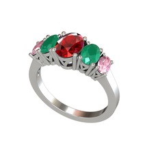 Garnet, kök zümrüt ve pembe kuvars 18 ayar beyaz altın yüzük