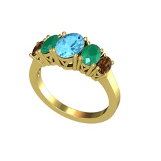 Oval 5 Taşlı Yüzük - Akuamarin, kök zümrüt ve dumanlı kuvars 925 ayar altın kaplama gümüş yüzük #1h79mc0