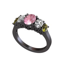 Oval 5 Taşlı Yüzük - Pembe kuvars, swarovski ve peridot 925 ayar siyah rodyum kaplama gümüş yüzük #1hi3eeg