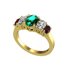 Oval 5 Taşlı Yüzük - Yeşil kuvars, swarovski ve kök yakut 18 ayar altın yüzük #1hk0v8k