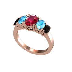 Oval 5 Taşlı Yüzük - Rodolit garnet, akuamarin ve siyah zirkon 18 ayar rose altın yüzük #1hnzbls