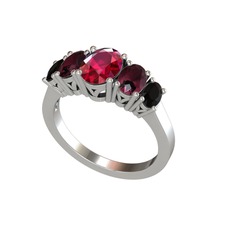 Oval 5 Taşlı Yüzük - Rodolit garnet, kök yakut ve siyah zirkon 18 ayar beyaz altın yüzük #1hveg89