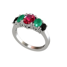 Oval 5 Taşlı Yüzük - Rodolit garnet, kök zümrüt ve siyah zirkon 18 ayar beyaz altın yüzük #1i9xpro