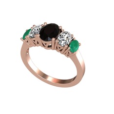 Oval 5 Taşlı Yüzük - Siyah zirkon, swarovski ve kök zümrüt 14 ayar rose altın yüzük #1isedlk