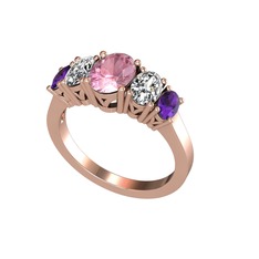 Pembe kuvars, swarovski ve ametist 925 ayar rose altın kaplama gümüş yüzük