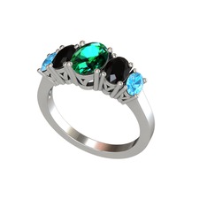 Oval 5 Taşlı Yüzük - Yeşil kuvars, siyah zirkon ve akuamarin 8 ayar beyaz altın yüzük #1jkx2vs