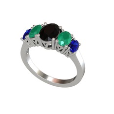 Oval 5 Taşlı Yüzük - Siyah zirkon, kök zümrüt ve lab safir 8 ayar beyaz altın yüzük #1jlh4r1