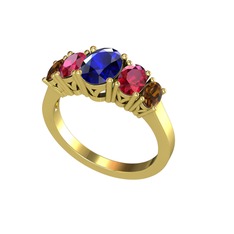 Oval 5 Taşlı Yüzük - Lab safir, rodolit garnet ve dumanlı kuvars 8 ayar altın yüzük #1johkwm