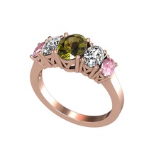 Oval 5 Taşlı Yüzük - Peridot, swarovski ve pembe kuvars 18 ayar rose altın yüzük #1jrzjs0