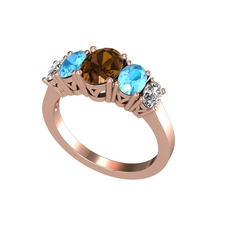 Oval 5 Taşlı Yüzük - Dumanlı kuvars, akuamarin ve swarovski 18 ayar rose altın yüzük #1kc2ka1
