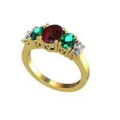 Oval 5 Taşlı Yüzük - Kök yakut, yeşil kuvars ve swarovski 14 ayar altın yüzük #1kf5yff