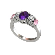 Oval 5 Taşlı Yüzük - Ametist, beyaz zirkon ve pembe kuvars 14 ayar beyaz altın yüzük #1kvawcn