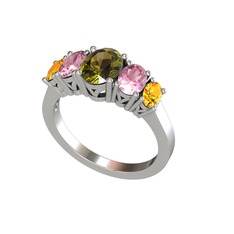 Oval 5 Taşlı Yüzük - Peridot, pembe kuvars ve sitrin 8 ayar beyaz altın yüzük #1kx5973