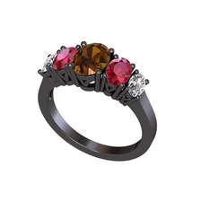 Oval 5 Taşlı Yüzük - Dumanlı kuvars, rodolit garnet ve beyaz zirkon 925 ayar siyah rodyum kaplama gümüş yüzük #1l7mmkw