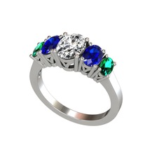 Oval 5 Taşlı Yüzük - Swarovski, lab safir ve yeşil kuvars 18 ayar beyaz altın yüzük #1lurtxi